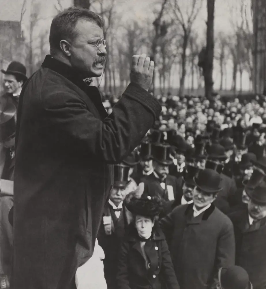 Theodore Roosevelt passionately delivering a speech